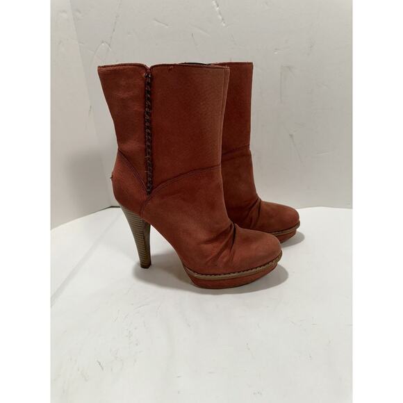 UGG Women's Bianka Boot Sz 8 High Heel Red Suede Sherpa Shearling Platform Boots - Picture 2 of 12